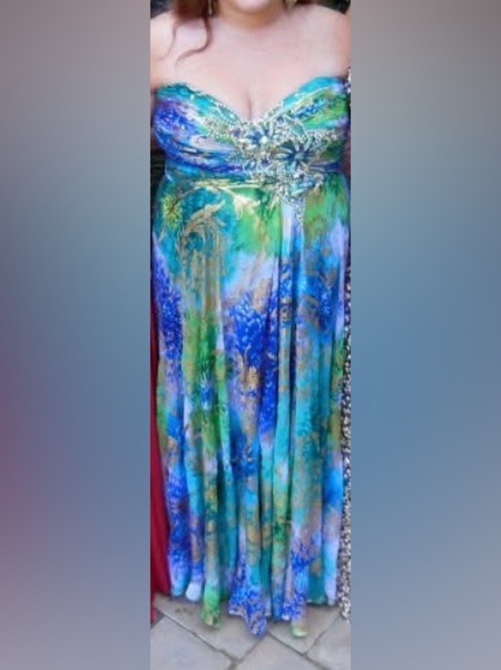 Dress, Prom, Gown, Wedding Guest. Strapless Floral Evening Gown w/ Beaded Bodice